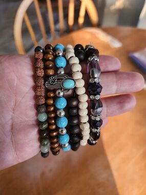 Set of 6 Beaded Stretch Bracelets | Turquoise, Brown, Cream, Purple | Boho Stack